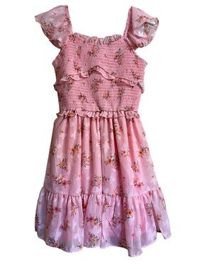 Rare Editions Pink Floral Smocked Ruffle Dress with Flutter Sleeves